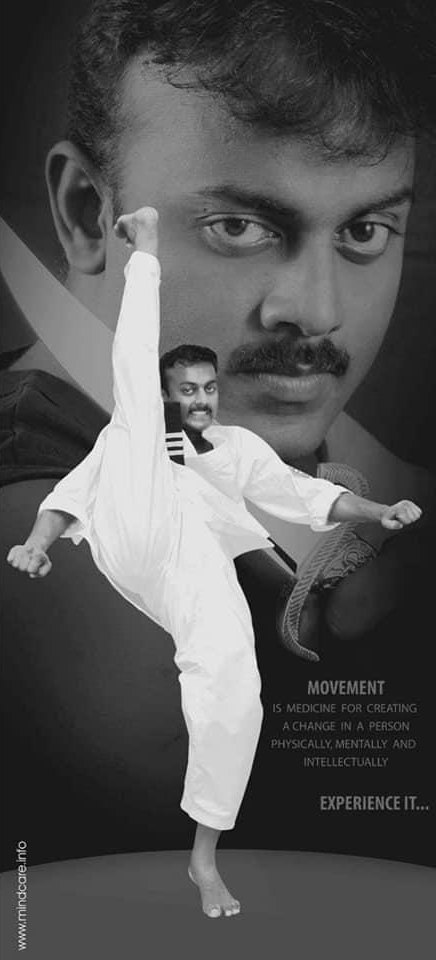 Mindcare poster: Hanshi Balamurugan in a high kick